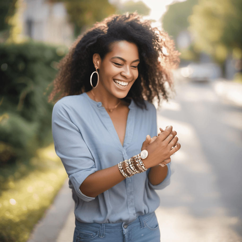 Image for A joyful customer displaying a delicate Ushve brac