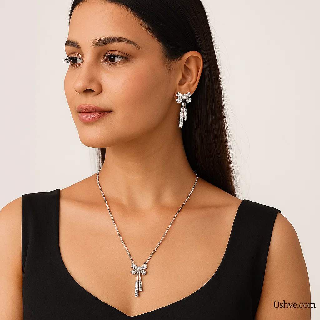 Silver Bow American Diamond Necklace Set | Ushve