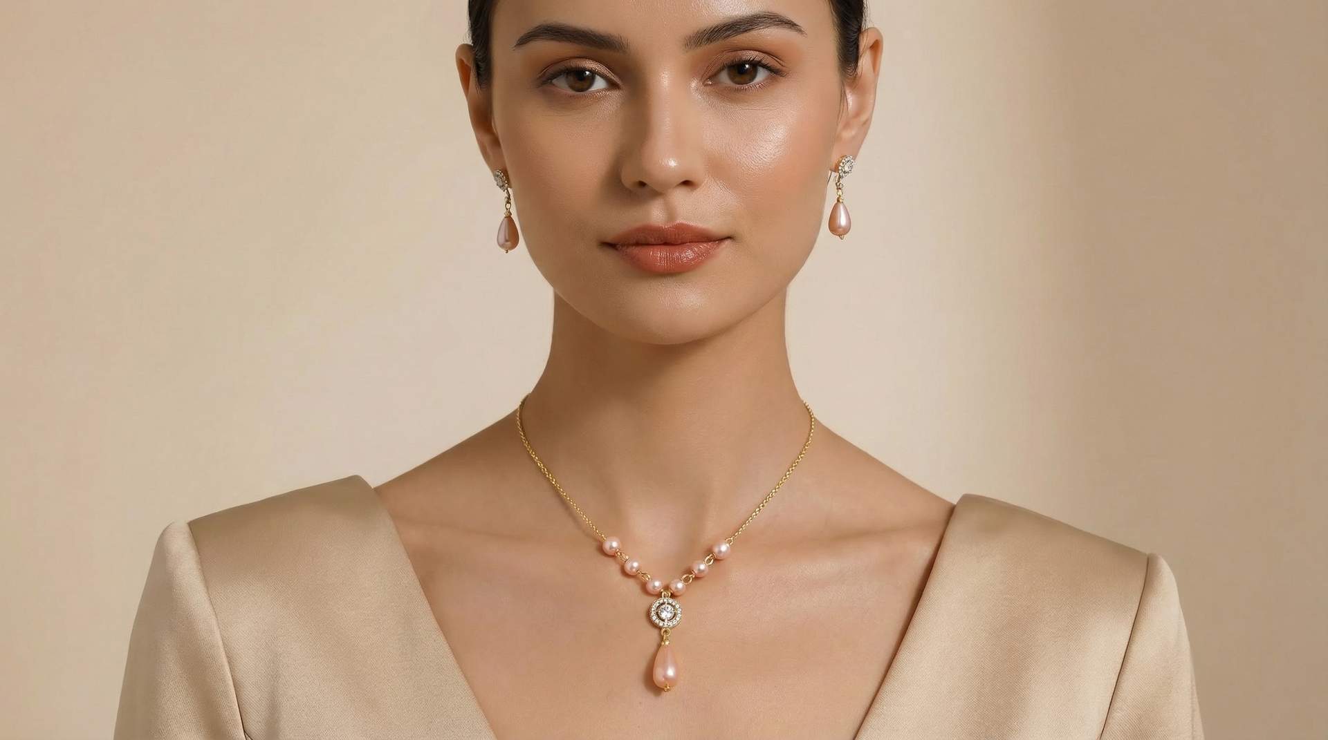 Peach Pearl & American Diamond Pendant Necklace Set | Ushve