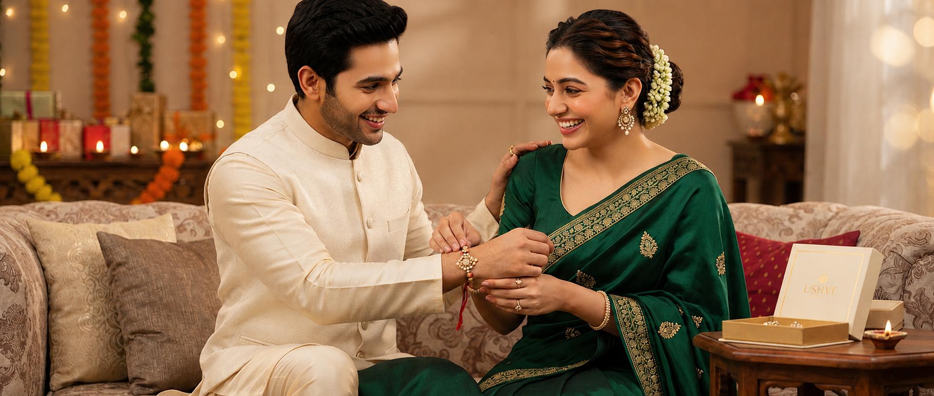 Handcrafted gold-toned jewellery laid out as gifts for Raksha Bandhan